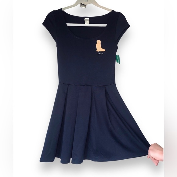 Twik Navy Blue Pleated Skirt Dog/Doghouse Golden Retriever Mini Dress Size XS - Picture 7 of 8